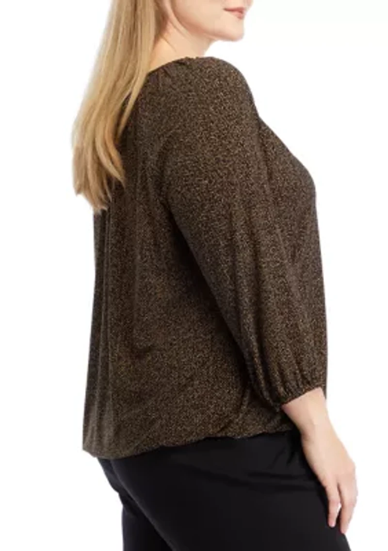 Plus Printed 3/4 Sleeve Shirred Peasant Top with Elastic Hem