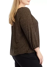 Plus Printed 3/4 Sleeve Shirred Peasant Top with Elastic Hem