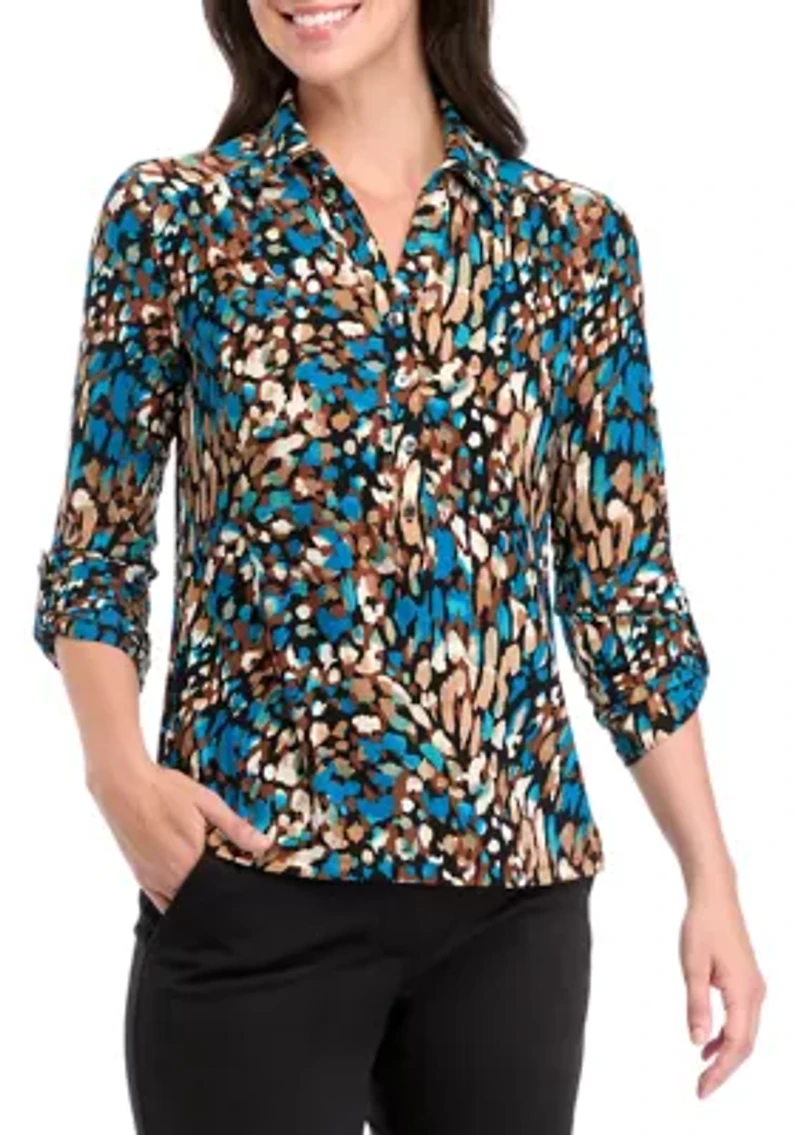 Women's Long Roll Tab Sleeve Collared Printed Button-Down Top