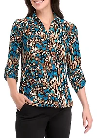 Women's Long Roll Tab Sleeve Collared Printed Button-Down Top
