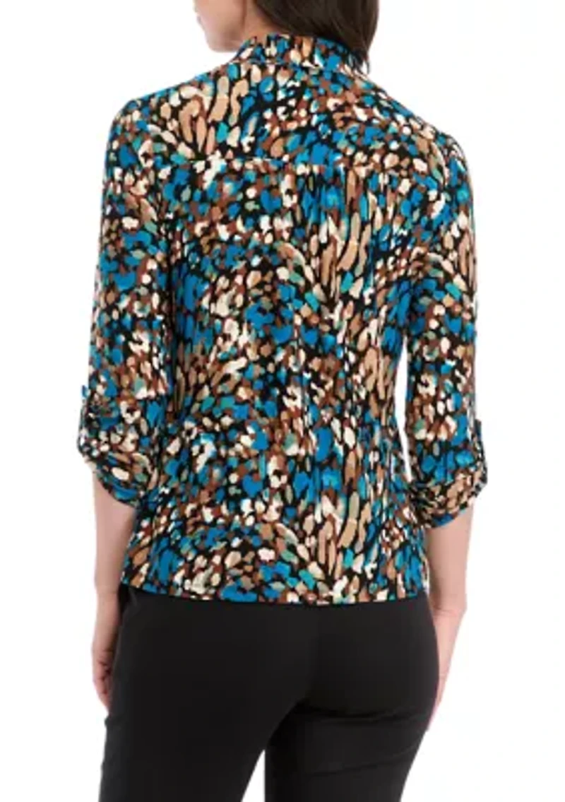 Women's Long Roll Tab Sleeve Collared Printed Button-Down Top