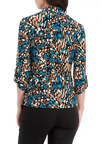 Women's Long Roll Tab Sleeve Collared Printed Button-Down Top