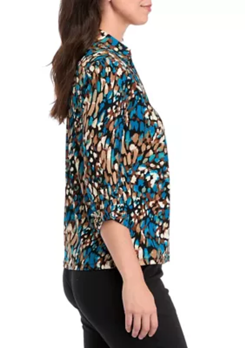Women's Long Roll Tab Sleeve Collared Printed Button-Down Top
