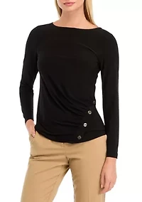 Petite Long Sleeve Front Ruched Top with Rivets