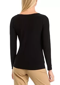 Petite Long Sleeve Front Ruched Top with Rivets