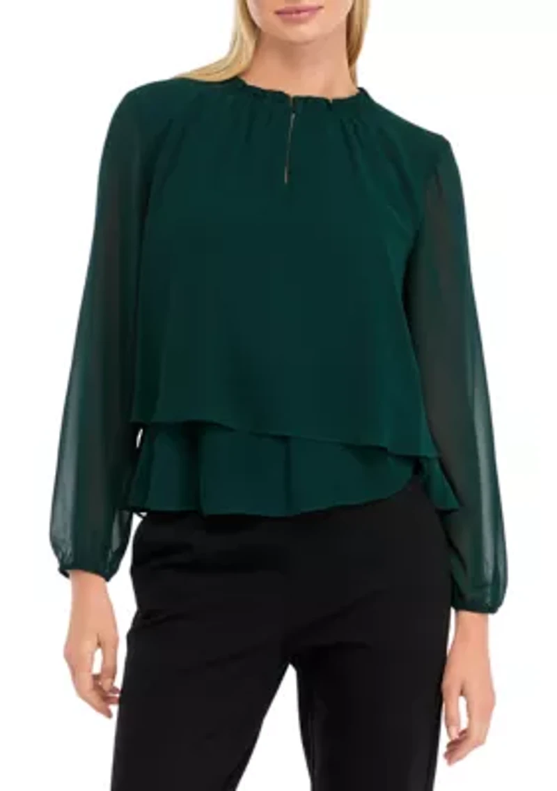 Petite Long Sleeve 2-Tier Mock Neck Blouse