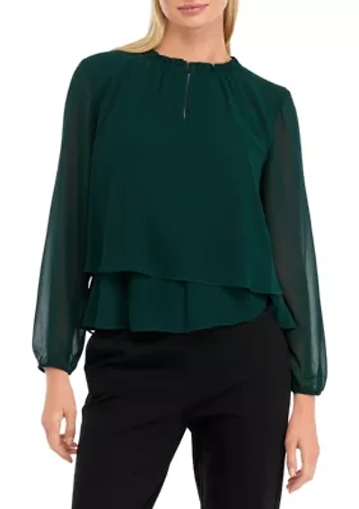 Petite Long Sleeve 2-Tier Mock Neck Blouse