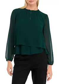 Petite Long Sleeve 2-Tier Mock Neck Blouse
