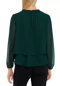 Petite Long Sleeve 2-Tier Mock Neck Blouse