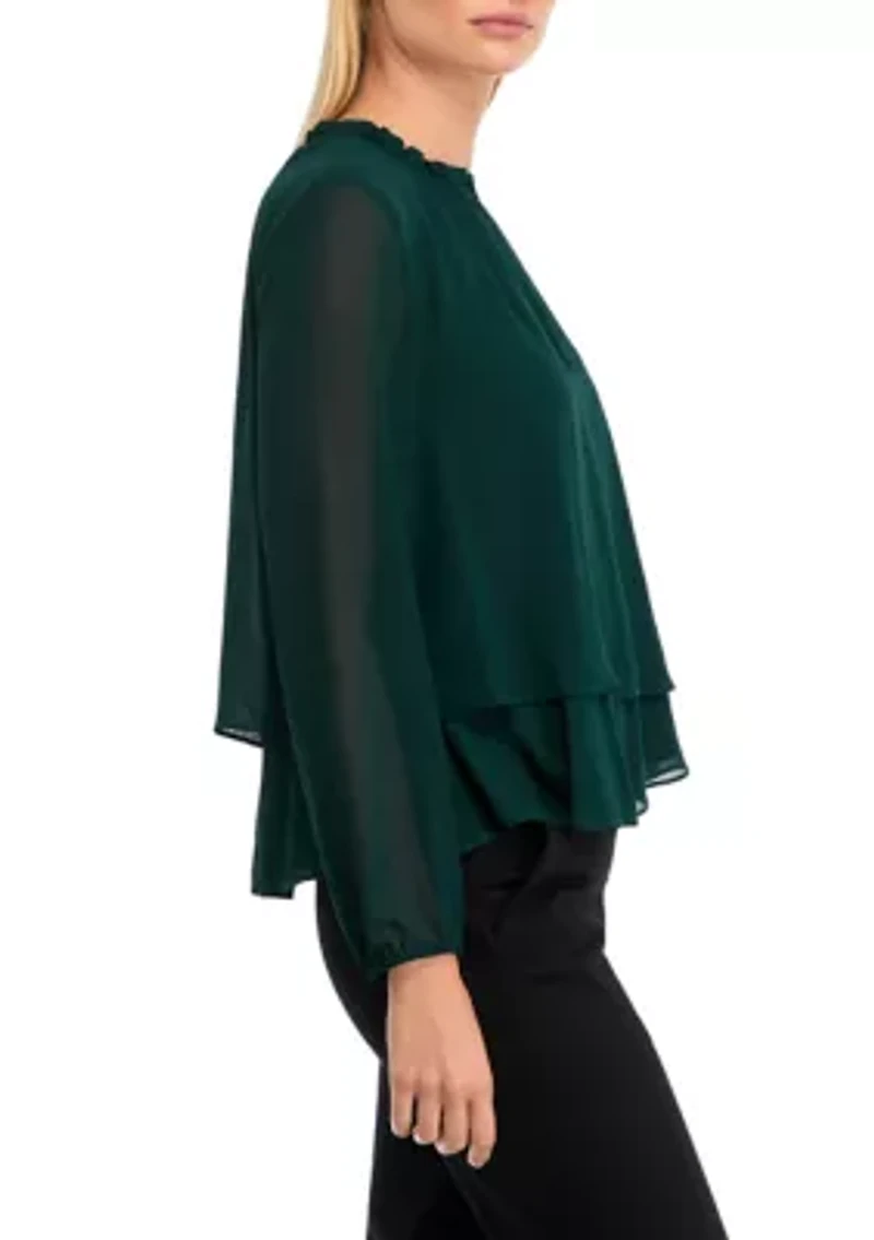 Petite Long Sleeve 2-Tier Mock Neck Blouse