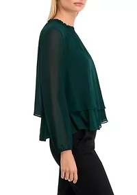 Petite Long Sleeve 2-Tier Mock Neck Blouse
