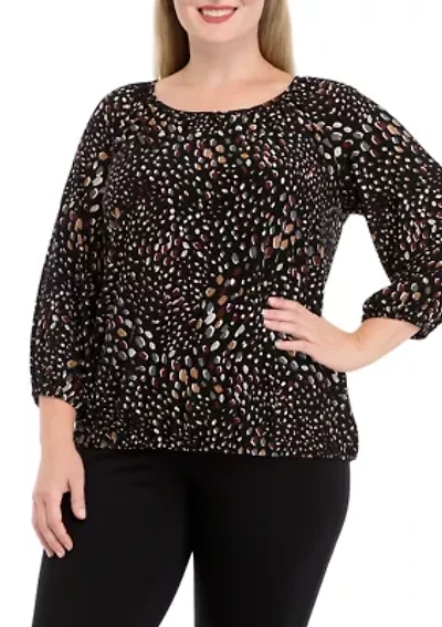 Plus Printed 2/4 Sleeve Shirred Peasant Top with Elastic Hem