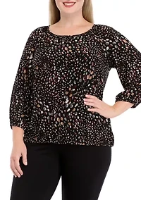 Plus Printed 2/4 Sleeve Shirred Peasant Top with Elastic Hem