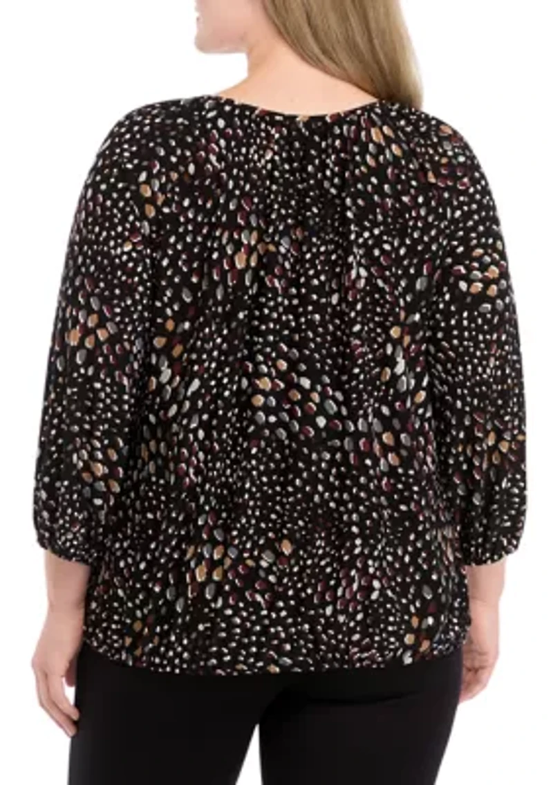 Plus Printed 2/4 Sleeve Shirred Peasant Top with Elastic Hem