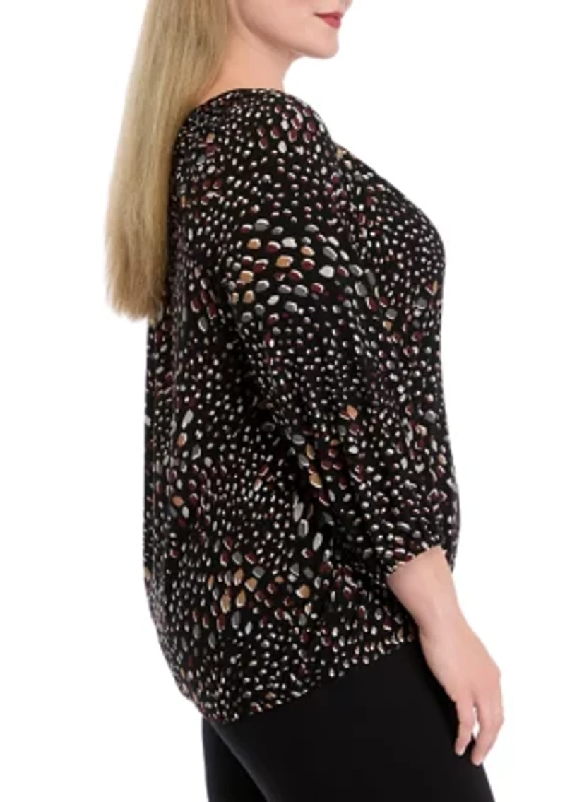 Plus Printed 2/4 Sleeve Shirred Peasant Top with Elastic Hem