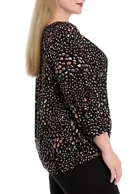 Plus Printed 2/4 Sleeve Shirred Peasant Top with Elastic Hem