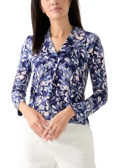 Women's Long Sleeve Printed Ruffle V-Neck Top
