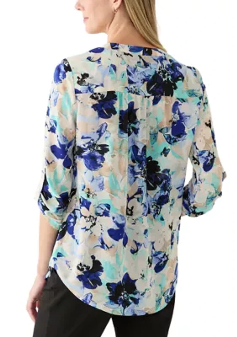 Women's Long Sleeve V-Neck Printed Tunic Top