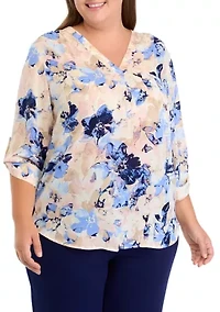 Plus Long Sleeve V-Neck Pleat Front Tunic