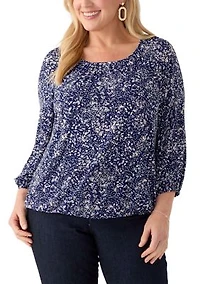 Plus 3/4 Sleeve Knit Shirred Peasant Top