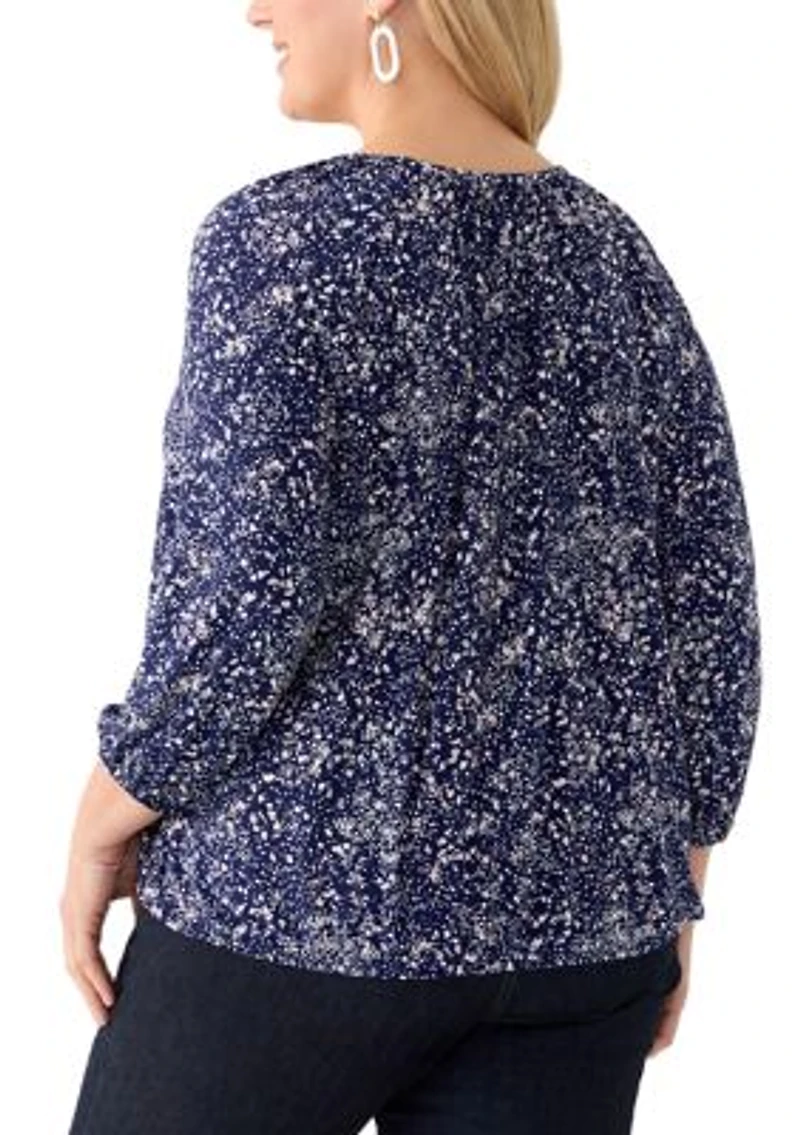 Plus 3/4 Sleeve Knit Shirred Peasant Top