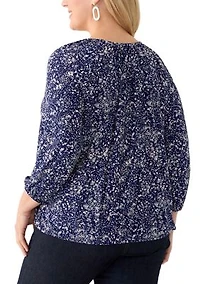Plus 3/4 Sleeve Knit Shirred Peasant Top