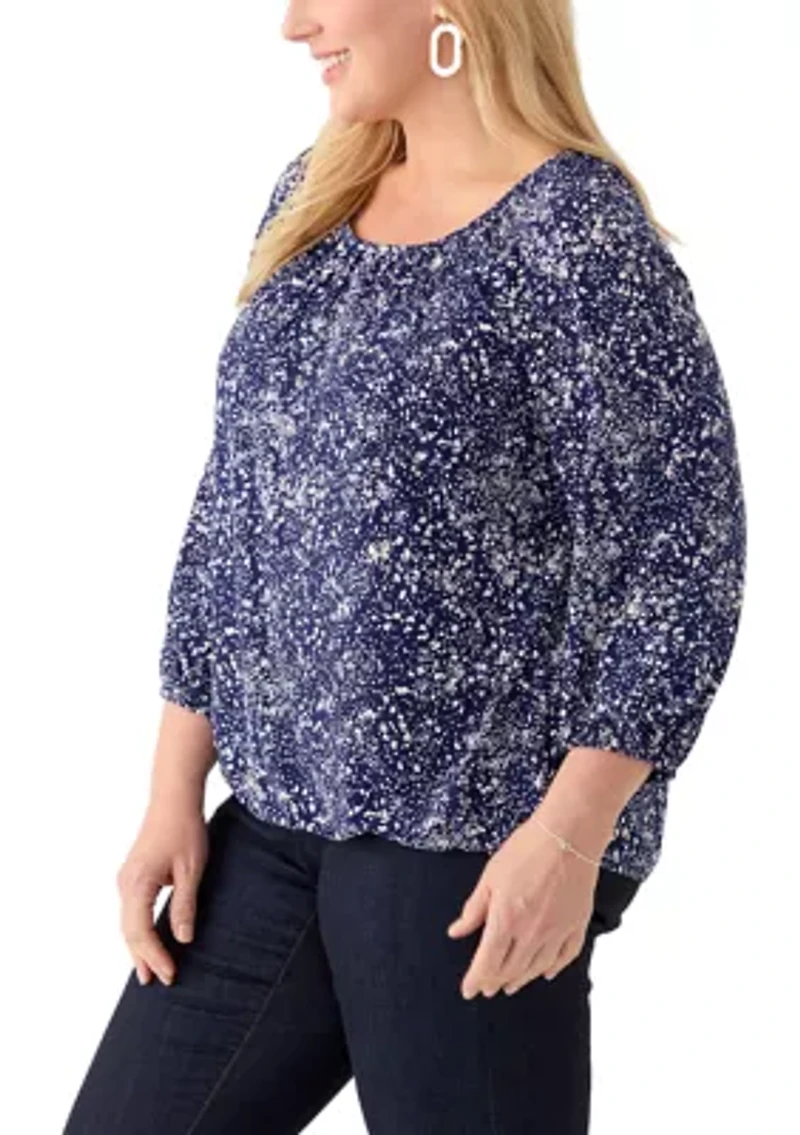 Plus 3/4 Sleeve Knit Shirred Peasant Top