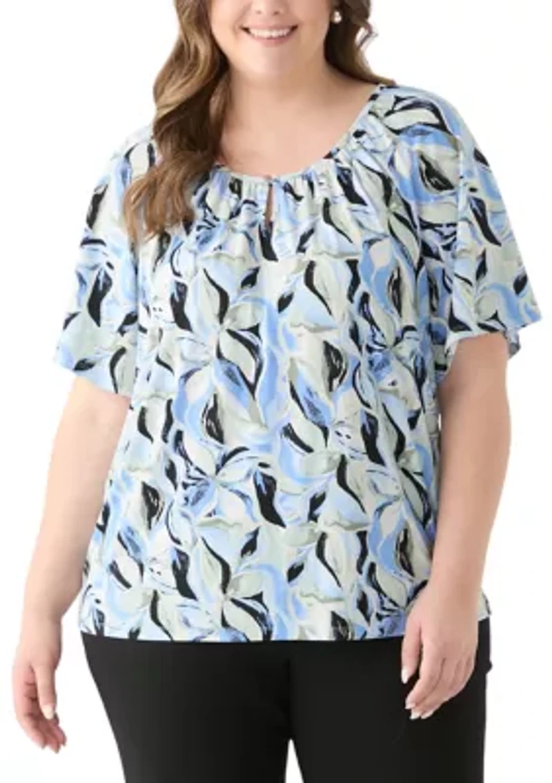 Plus Elbow Raglan Sleeve Printed Peasant Top