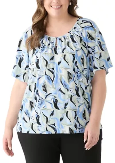 Plus Elbow Raglan Sleeve Printed Peasant Top