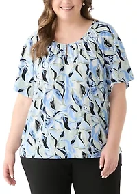 Plus Elbow Raglan Sleeve Printed Peasant Top