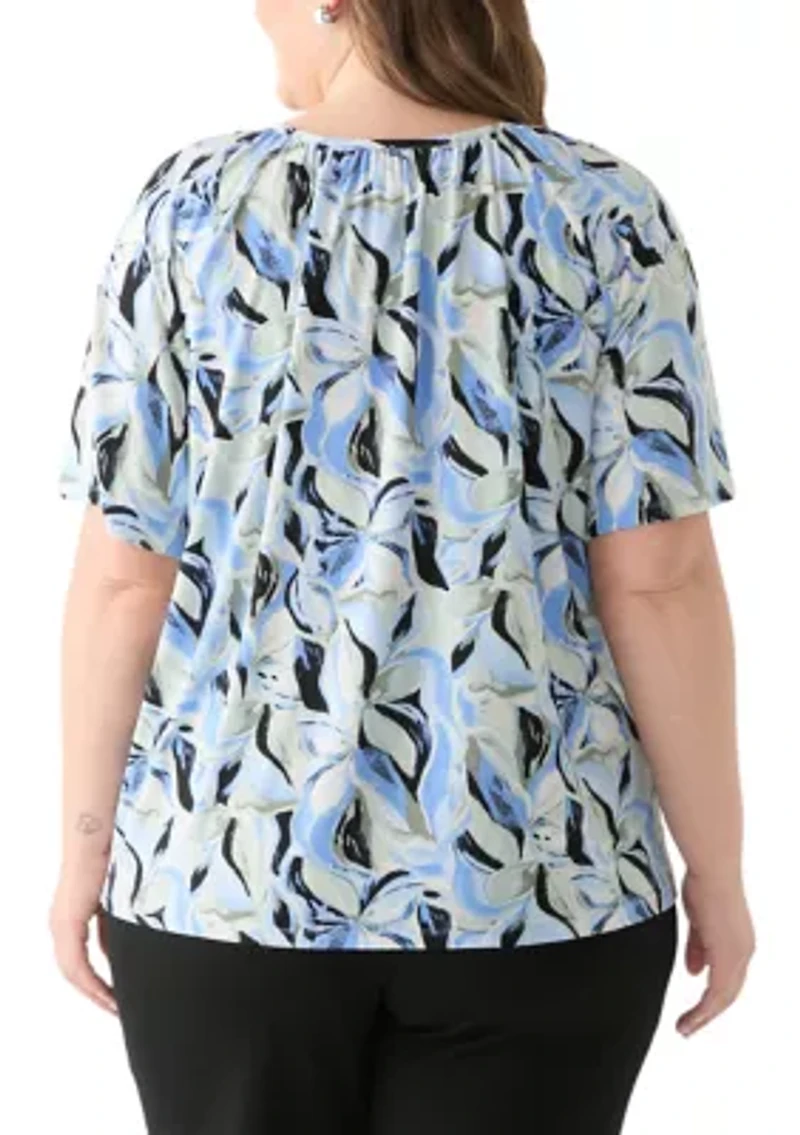 Plus Elbow Raglan Sleeve Printed Peasant Top