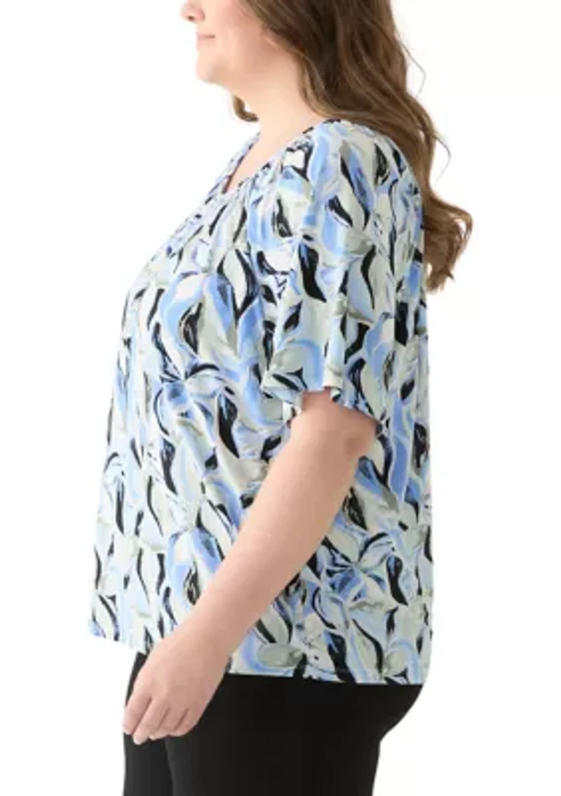 Plus Elbow Raglan Sleeve Printed Peasant Top