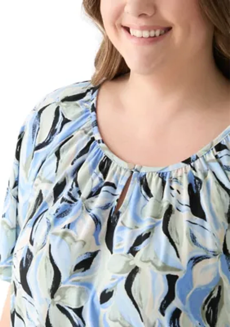 Plus Elbow Raglan Sleeve Printed Peasant Top