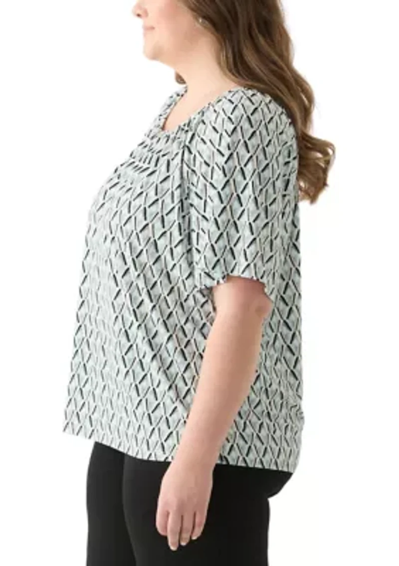 Plus Elbow Raglan Sleeve Printed Peasant Top