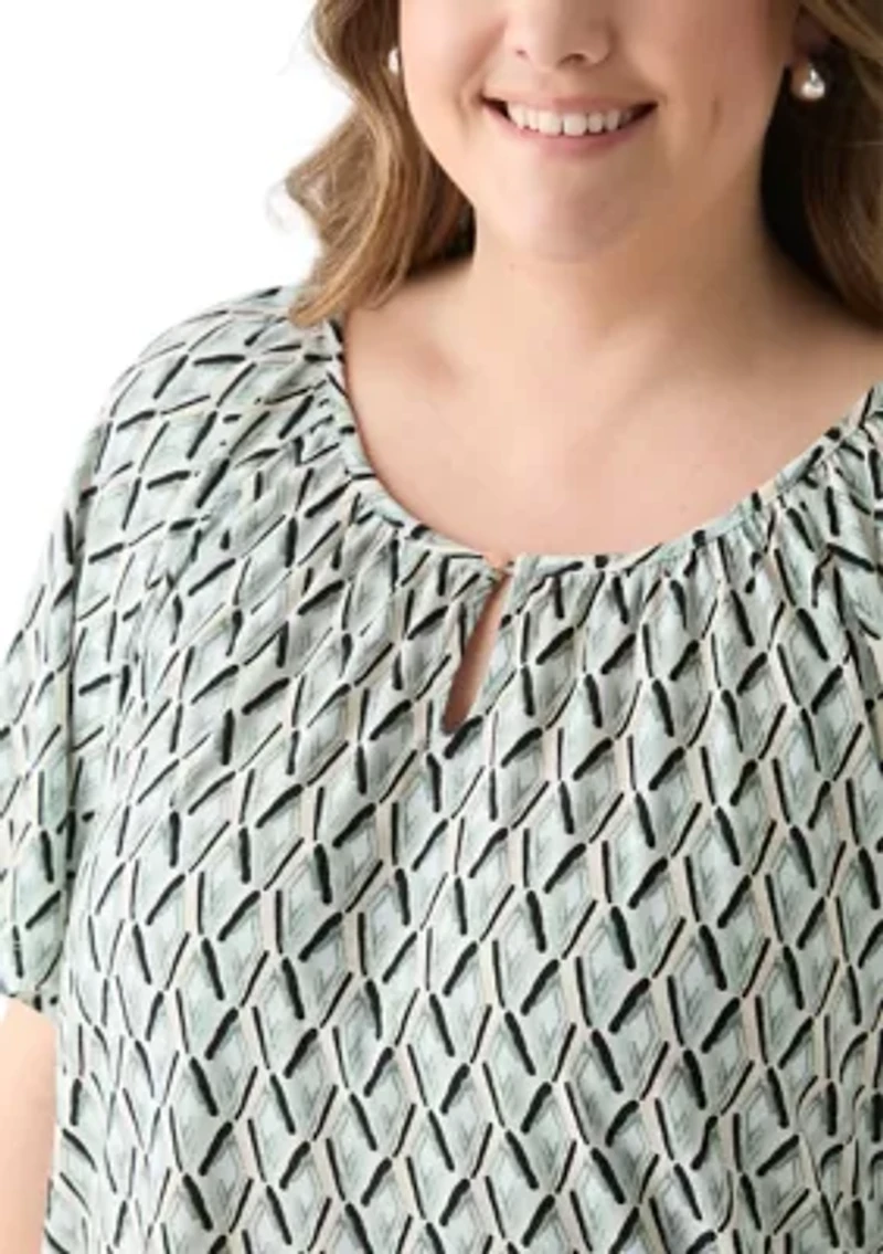 Plus Elbow Raglan Sleeve Printed Peasant Top