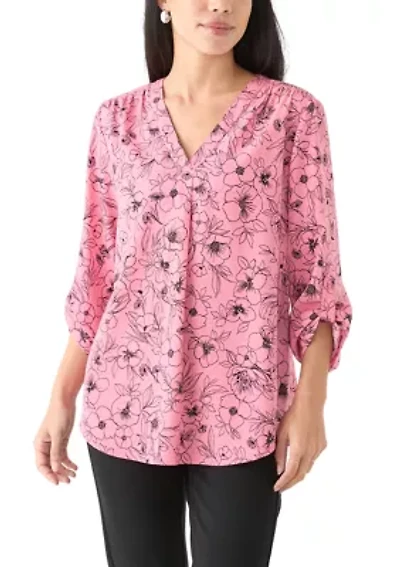 Petite Long Sleeve V-Neck Pleat Front Tunic Top