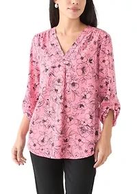 Petite Long Sleeve V-Neck Pleat Front Tunic Top