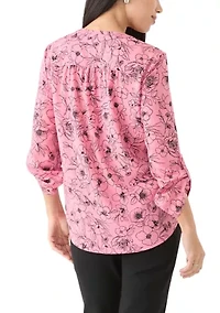 Petite Long Sleeve V-Neck Pleat Front Tunic Top