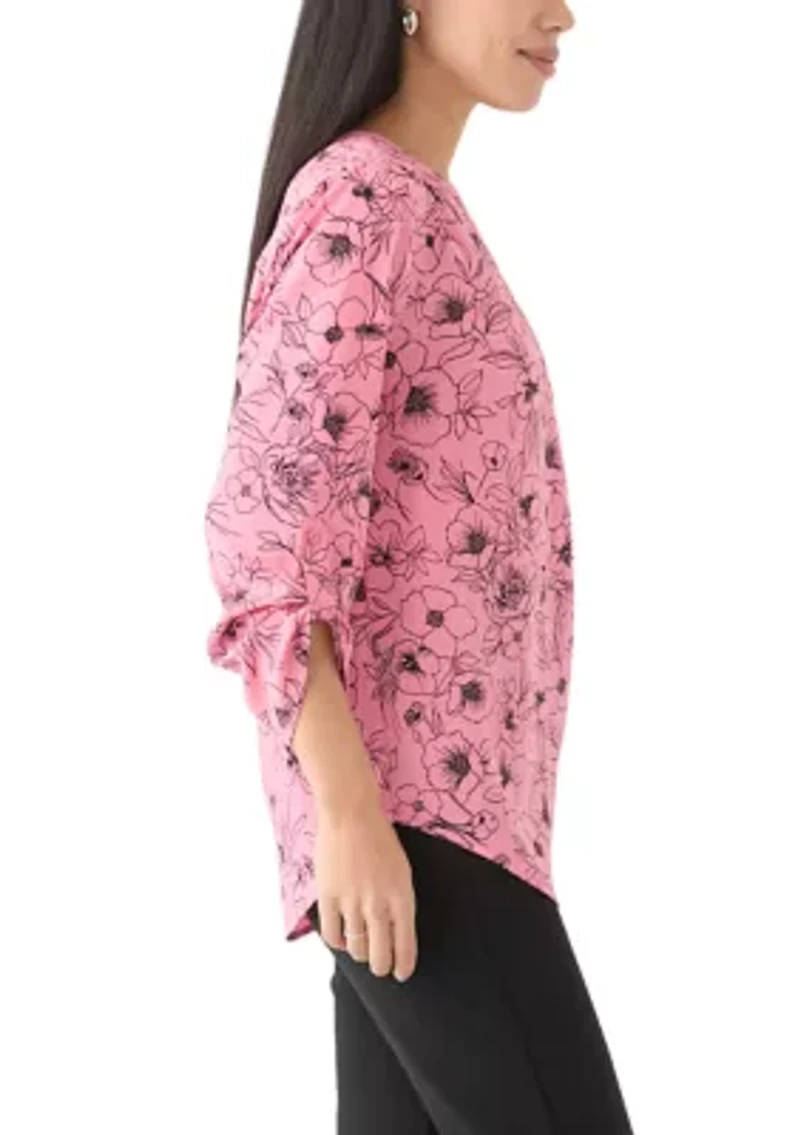 Petite Long Sleeve V-Neck Pleat Front Tunic Top