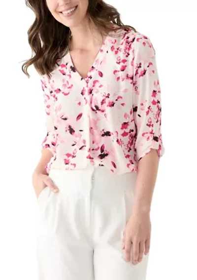 Women's Roll Tab V-Neck Printed Tunic Top