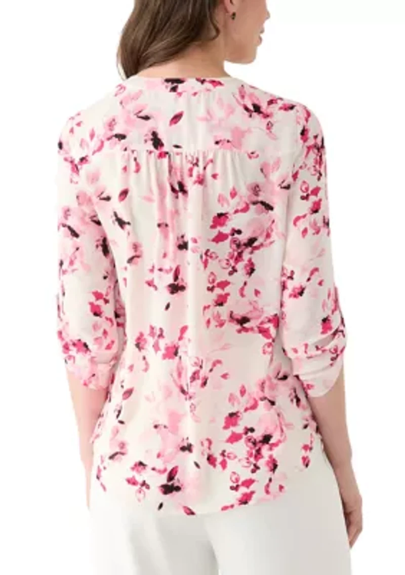 Women's Roll Tab V-Neck Printed Tunic Top