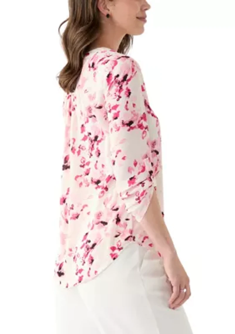 Women's Roll Tab V-Neck Printed Tunic Top