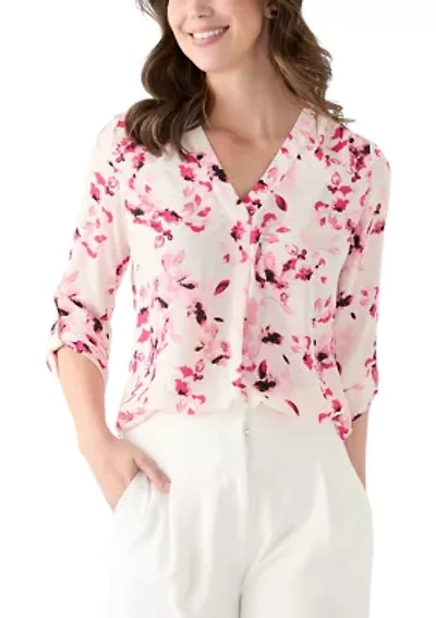 Petite Long Sleeve V-Neck Pleat Front Tunic Top