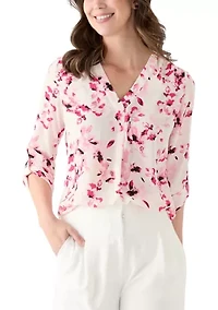 Petite Long Sleeve V-Neck Pleat Front Tunic Top