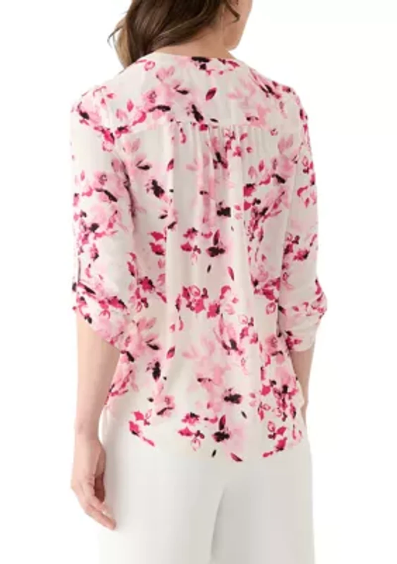 Petite Long Sleeve V-Neck Pleat Front Tunic Top