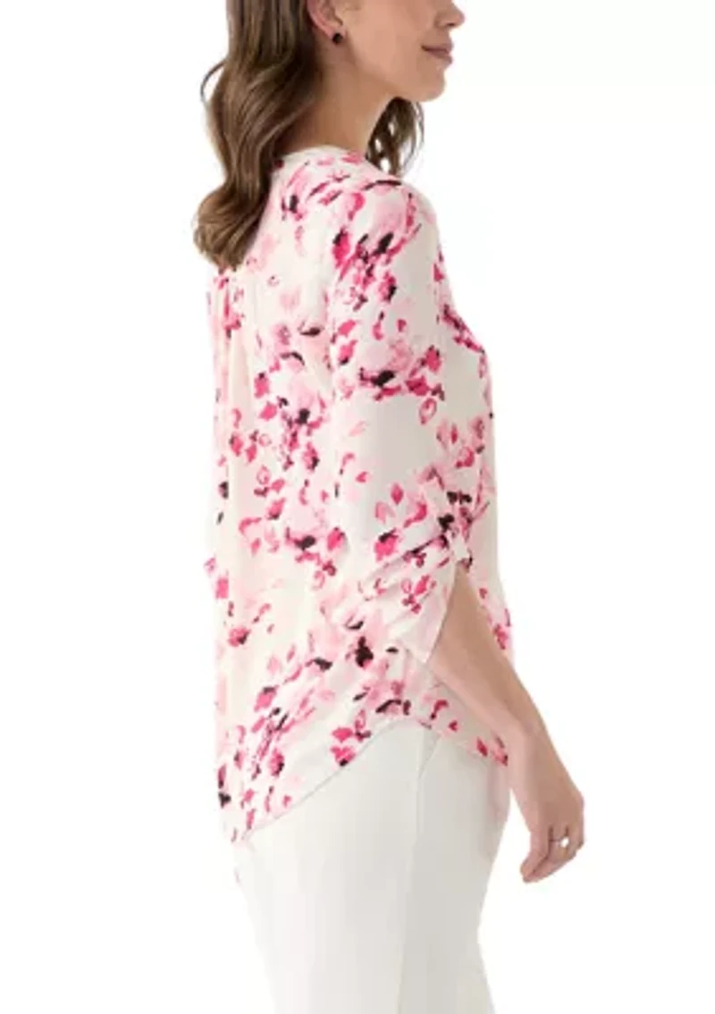 Petite Long Sleeve V-Neck Pleat Front Tunic Top