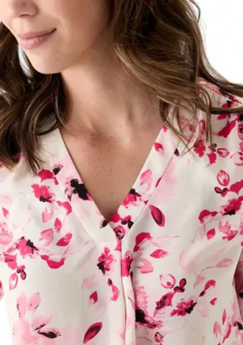 Petite Long Sleeve V-Neck Pleat Front Tunic Top