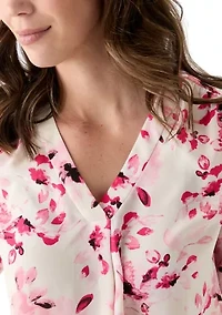 Petite Long Sleeve V-Neck Pleat Front Tunic Top