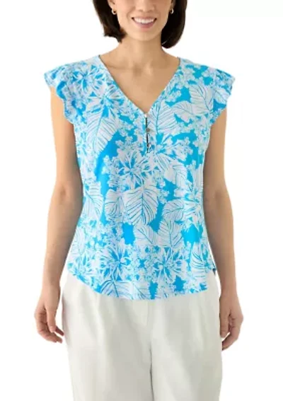Petite Tropical Print V-Neck Blouse