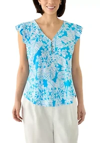Petite Tropical Print V-Neck Blouse